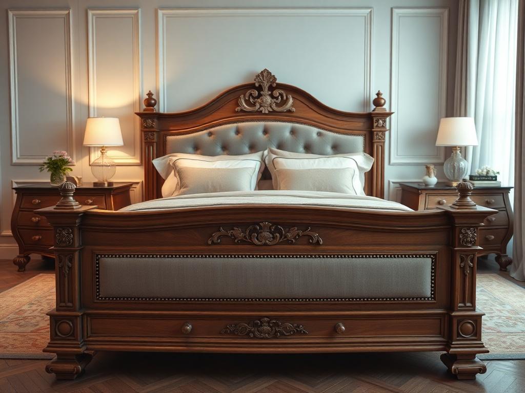 A stunning bespoke bed frame with intricate woodwork and luxurious upholstery, set against a softly lit bedroom backdrop. The image focuses on the bed, showcasing its craftsmanship and design, while the surrounding decor features elegant bedside tables and soft bedding, creating a serene and inviting atmosphere.