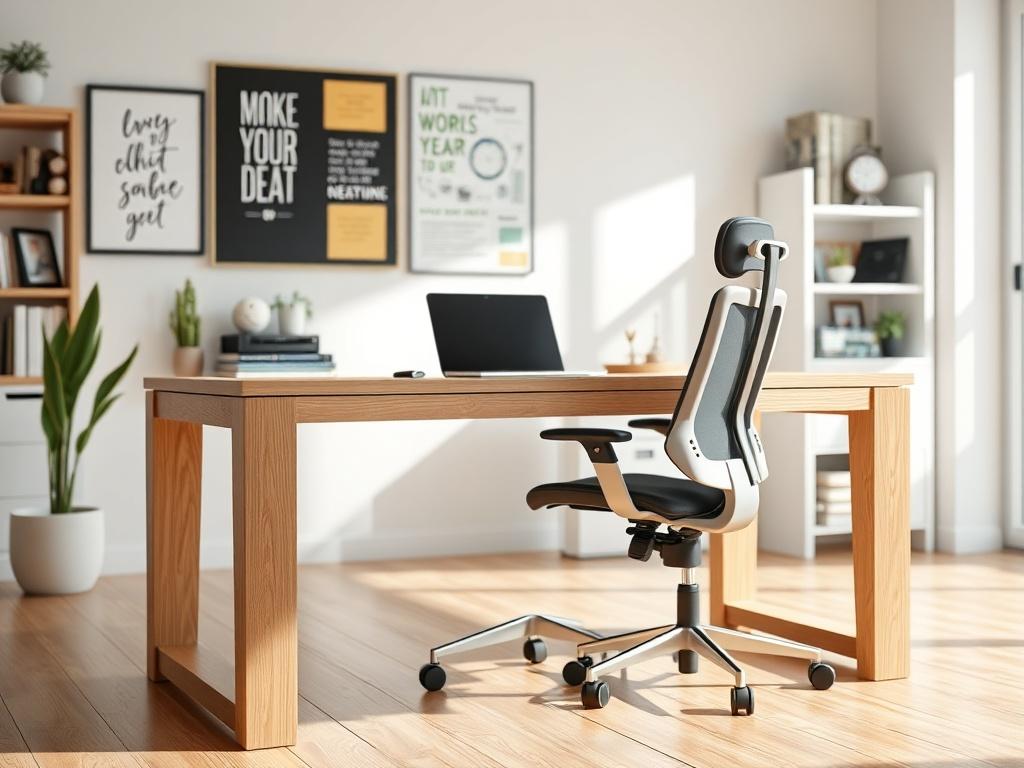 A sleek custom-built desk made of light oak wood, paired with an ergonomic office chair, set in a bright and modern home office. The image captures the desk in a close-up, highlighting its clean lines and functional design, with a backdrop of motivational decor and natural light streaming in.
