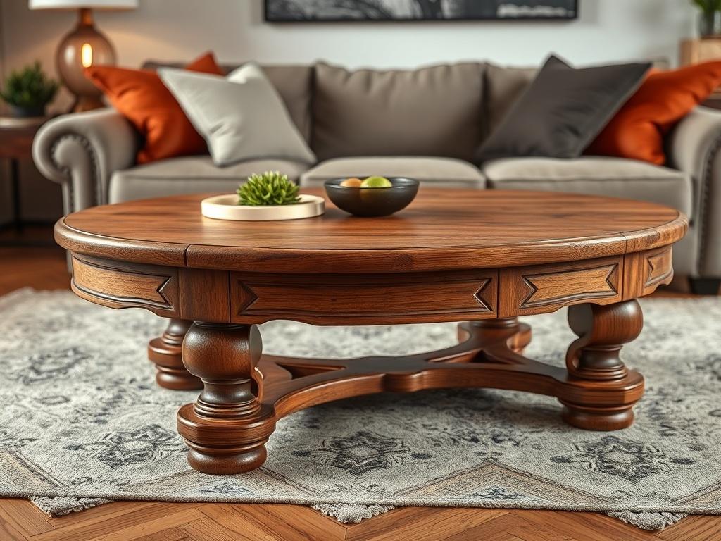A hyper-realistic close-up of a handcrafted coffee table in a stylish living room setting. The table is made from rich wood with intricate details, showcasing craftsmanship. The background features a cozy sofa and tasteful decor, all shot with a 45mm f/1.2 lens to create a blurred effect, emphasizing the table.