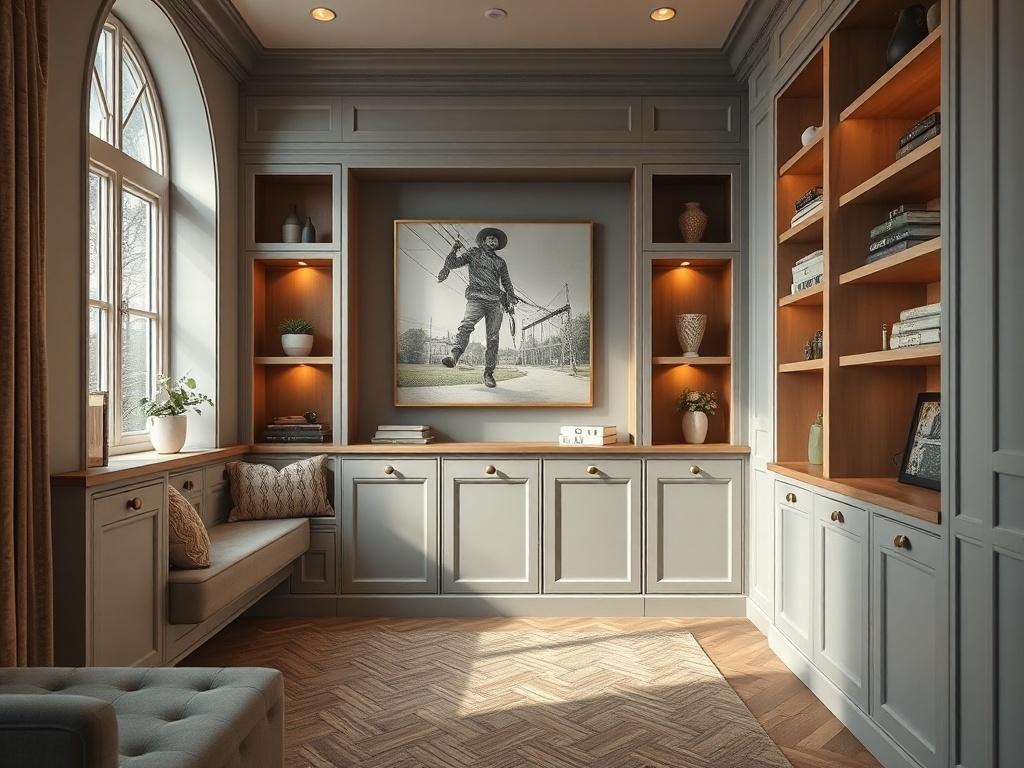 A hyper-realistic close-up shot of a beautifully designed room featuring bespoke fitted furniture, including shelves and seating. The furniture should be showcased in an inviting and stylish manner, with a warm, natural light filtering through the space, shot with a 45mm f/1.2 lens.
