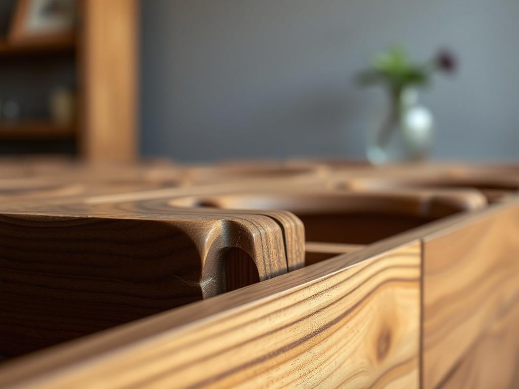 A hyper-realistic close-up shot of a bespoke wooden furniture piece, showcasing intricate craftsmanship and design details. The background should be subtly blurred to focus on the furniture, highlighting its unique features and textures, shot with a 45mm f/1.2 lens.