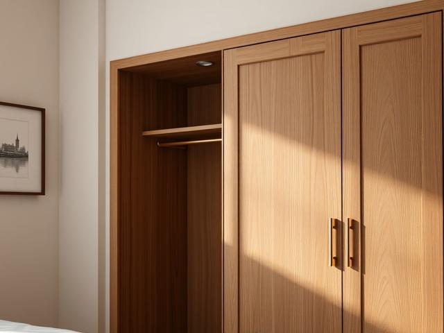 **Prompt for AI Image Generator:**

Create a realistic high-resolution photo that captures the essence of bespoke fitted furniture. The image should feature a single, exquisitely crafted fitted wardrobe, showcasing its intricate joinery and elegant finish. The wardrobe should be positioned against a soft, neutral background that subtly highlights the craftsmanship without distracting from the focal piece.

The composition should be simple and clear, with the wardrobe taking center stage. Use a close-up pers