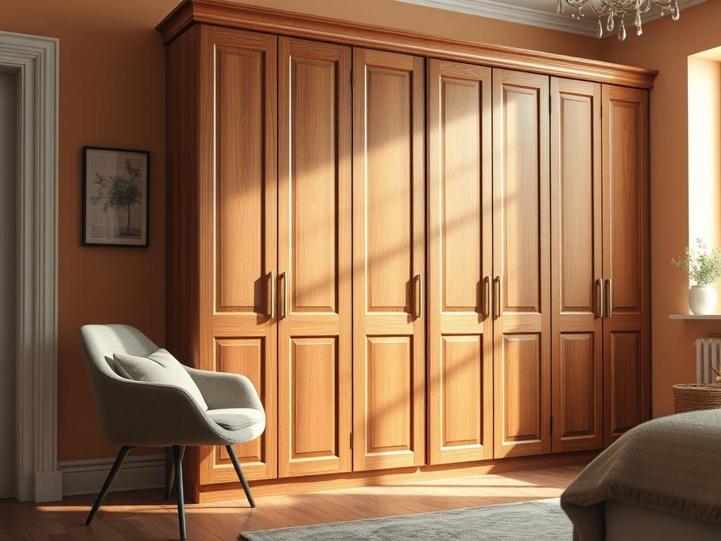 Create a highly detailed and realistic high-resolution photo for a blog titled "The Art of Bespoke Fitted Furniture." The composition should focus on one central subject: a beautifully handcrafted fitted wardrobe that exemplifies exceptional craftsmanship and seamless design. Capture the wardrobe in a well-lit room, showcasing its intricate wood grain, bespoke features, and beautifully polished finish. 

The background should be softly blurred to maintain clarity on the wardrobe while providing a warm and i
