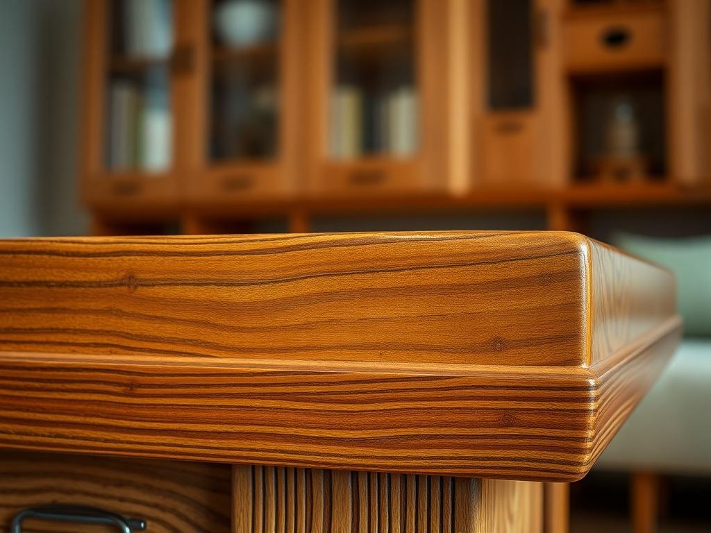 A hyper-realistic close-up of a beautifully crafted wooden furniture piece, showcasing intricate details and textures. The background is softly blurred to emphasize the craftsmanship of the furniture. The lighting highlights the natural grain of the wood, creating a warm and inviting atmosphere. Shot with a 45mm f/1.2 lens.