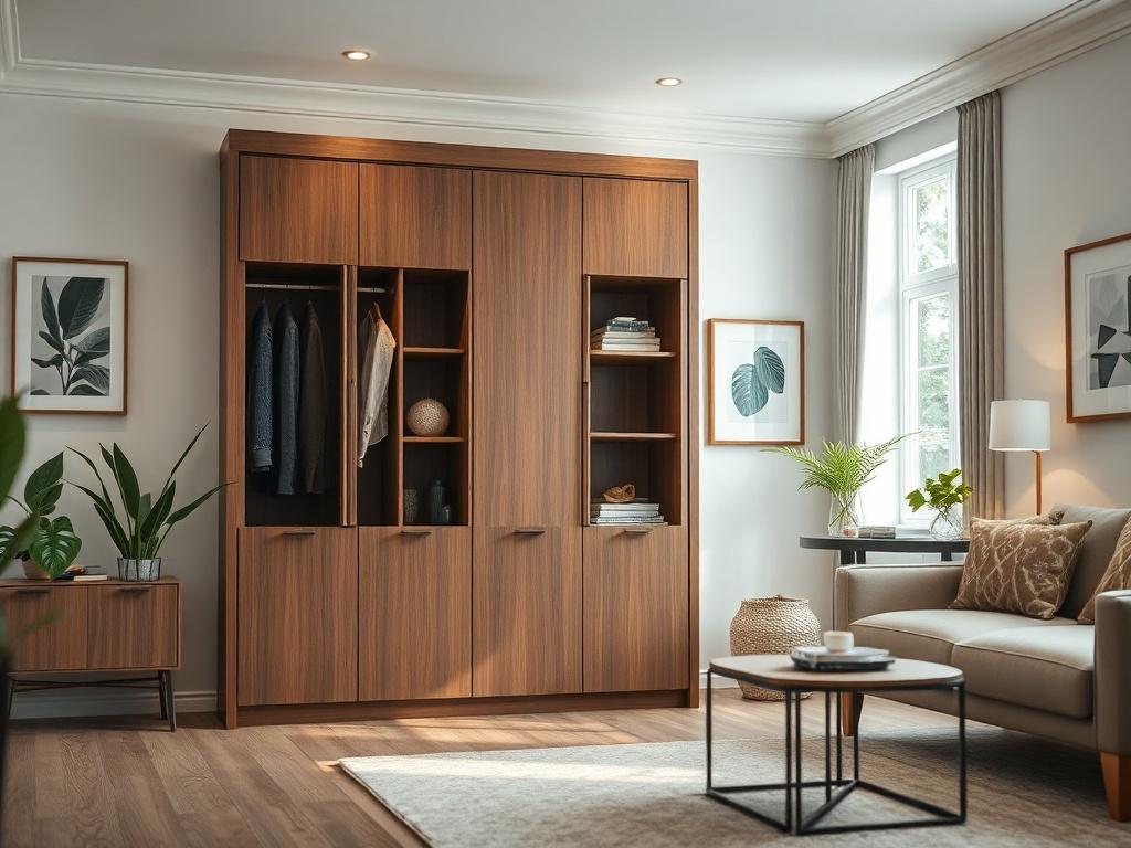 Create a realistic high-resolution photo that visually represents the theme of "Maximizing Space with Bespoke Furniture." The composition should highlight a single piece of bespoke furniture, such as a custom-built shelving unit or a fitted wardrobe, placed in a stylish and modern living space. Ensure the furniture showcases exquisite craftsmanship and elegant design, with clean lines and a contemporary aesthetic.

The background should feature a well-lit room, preferably a cozy living area or a functional 