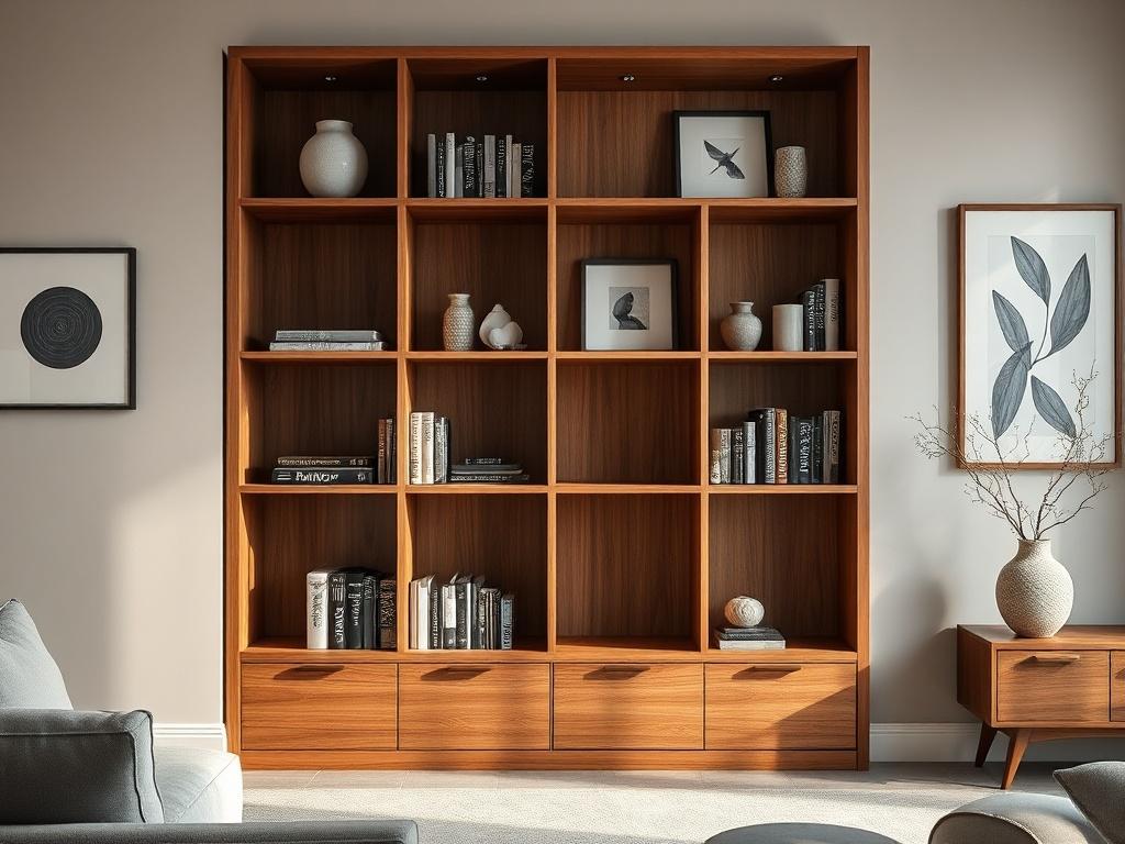 **AI Image Generation Prompt:**

Create a realistic, high-resolution photo featuring a single, bespoke fitted furniture piece that embodies contemporary design and craftsmanship. The subject should be a beautifully crafted wooden bookshelf, showcasing clean lines and intricate detailing, designed to fit seamlessly into a modern living room. 

Position the bookshelf against a softly lit wall, adorned with tasteful decorative items such as books, vases, and framed photographs that highlight its functionality 