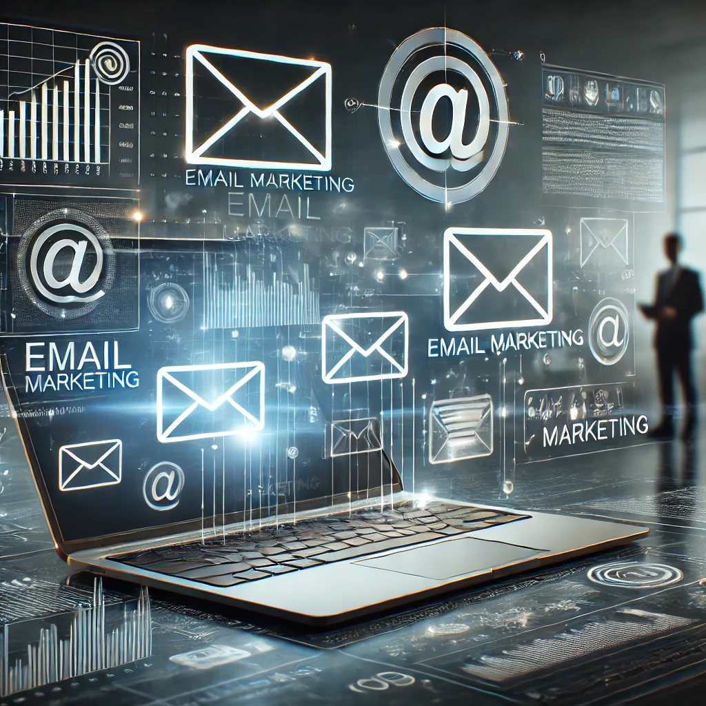 dall·e 2024-12-26 23.20.35 - a modern and professional digital marketing concept image showcasing email marketing features. the composition includes a sleek laptop with glowing em.webp