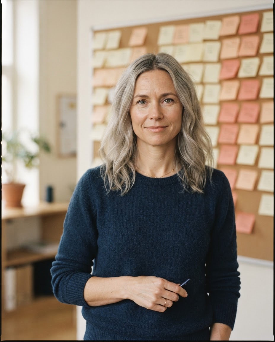 Mara Lindqvist, founder of Fieldwork CX, beside a pinboard of sticky notes