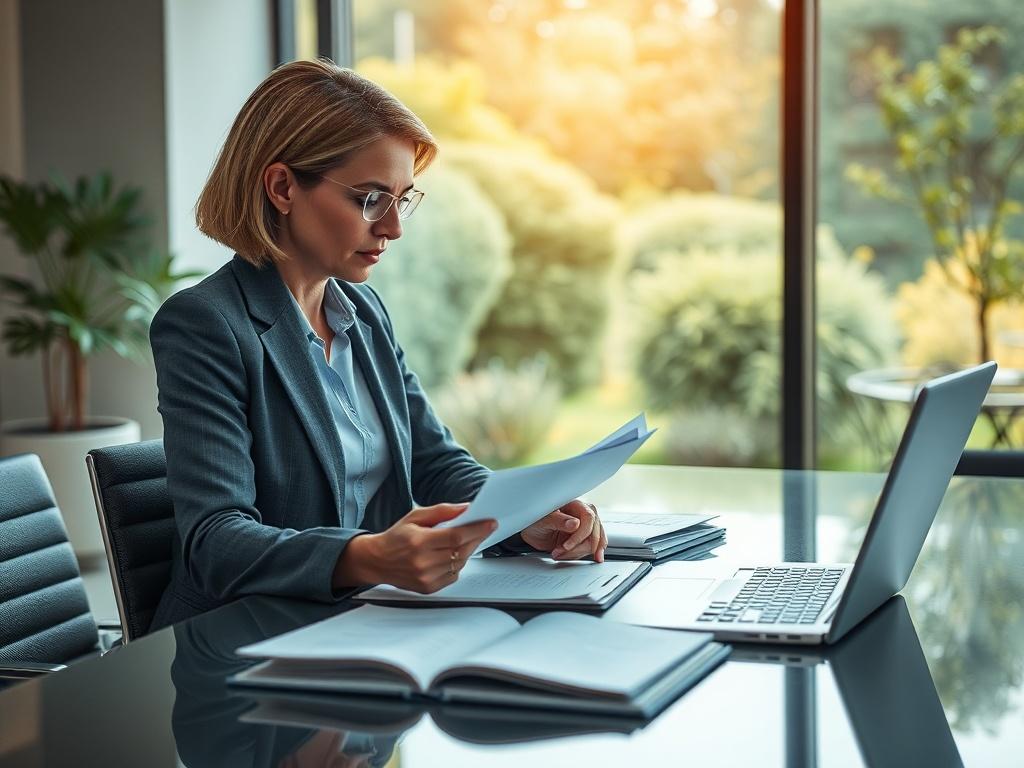 Create a highly detailed and realistic high-resolution image that visually represents the concept of "Understanding ISO 27001 Compliance." The composition should be simple and clear, featuring a single subject: a professional, focused individual (preferably a middle-aged woman) engaged in review of compliance documentation on a sleek, modern desk. The individual should be depicted in a well-lit office environment, wearing business attire, and surrounded by open folders, compliance checklists, and a laptop d