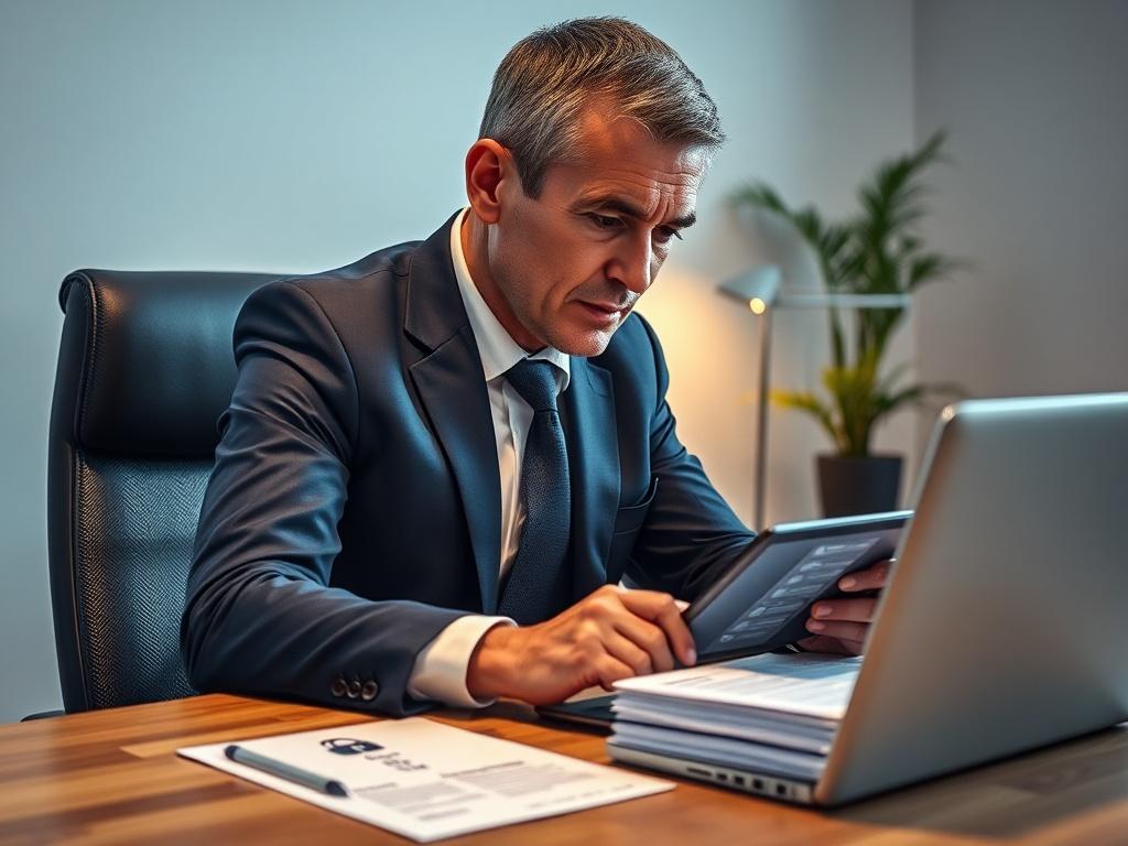 Create a hyper-realistic high-resolution photo that encapsulates the essence of "Understanding ISO 27001 Compliance." The composition should feature a proficient consultant, a middle-aged man with short, neatly styled hair, wearing professional attire—a tailored navy suit and a white shirt without a tie. He is seated at a wooden desk, exuding an air of confidence and expertise. 

The subject should be deeply engaged in examining a detailed compliance checklist on his tablet, emphasizing his focus and clarit