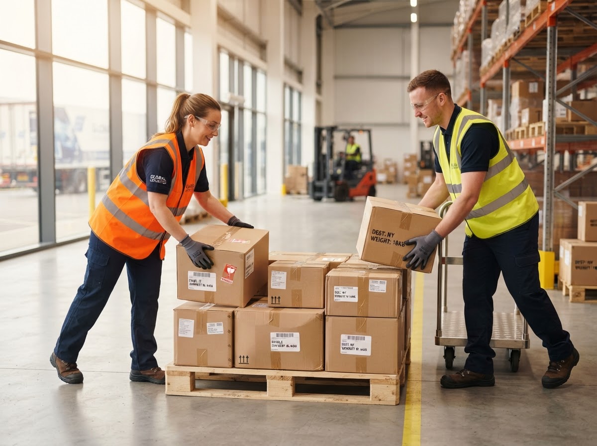 Medewerkers van Preases laden goederen in het magazijn