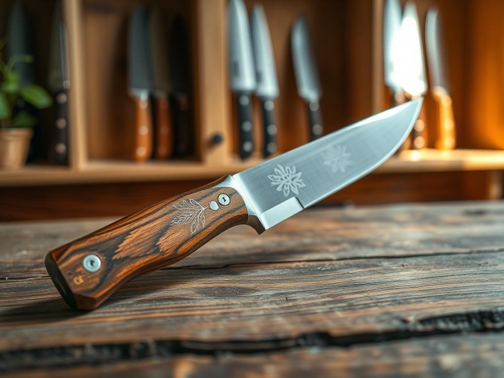A close-up of a beautifully crafted knife with intricate designs on its blade, resting on a rustic wooden table. The knife features a polished handle made from exotic wood, reflecting warm, earthy tones. In the background, there are blurred hints of other knives displayed on wooden shelves, creating a cozy, inviting atmosphere. Natural light softly illuminates the scene, enhancing the textures of the wood and metal.