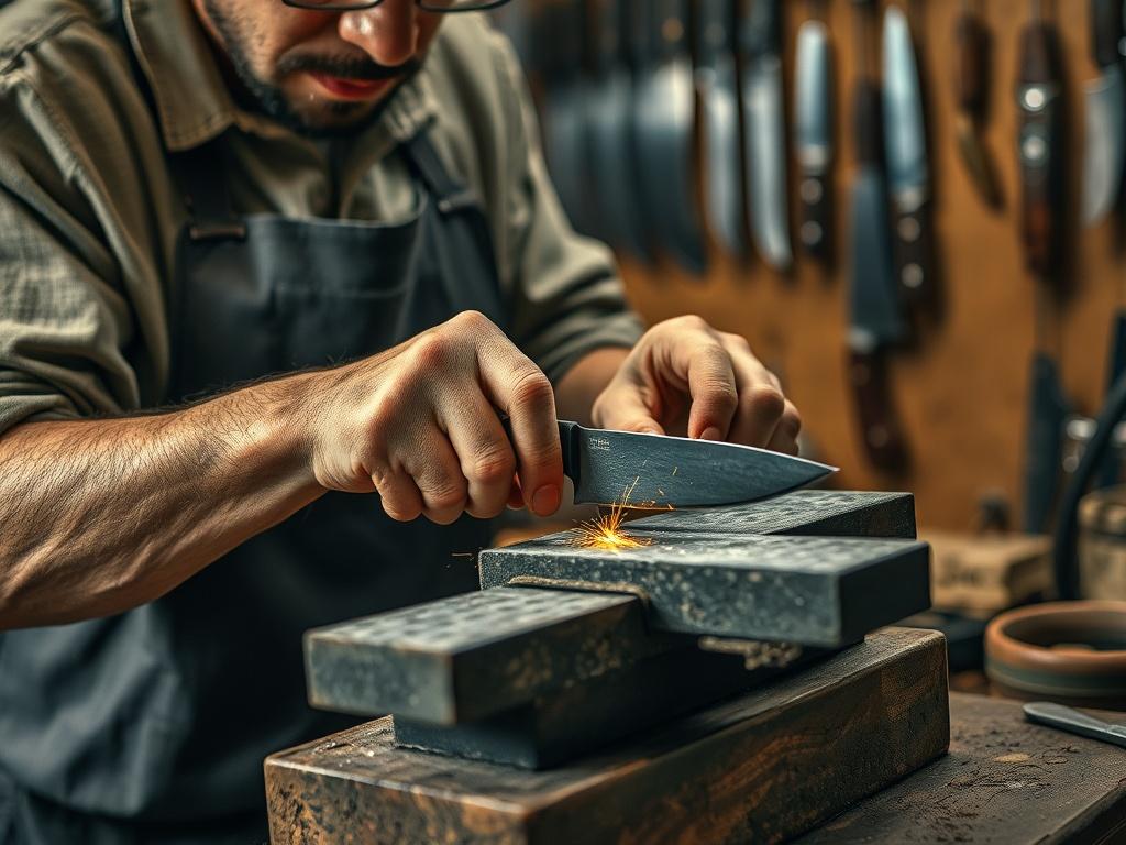An experienced craftsman sharpening a knife on a traditional whetstone. The craftsman is focused, with his hands expertly guiding the blade against the stone, creating small sparks. The background shows a well-organized workshop with various tools and knives hanging on the walls. The scene captures the dedication and skill involved in the sharpening process, with warm lighting highlighting the details of the knife and the craftsman's hands.