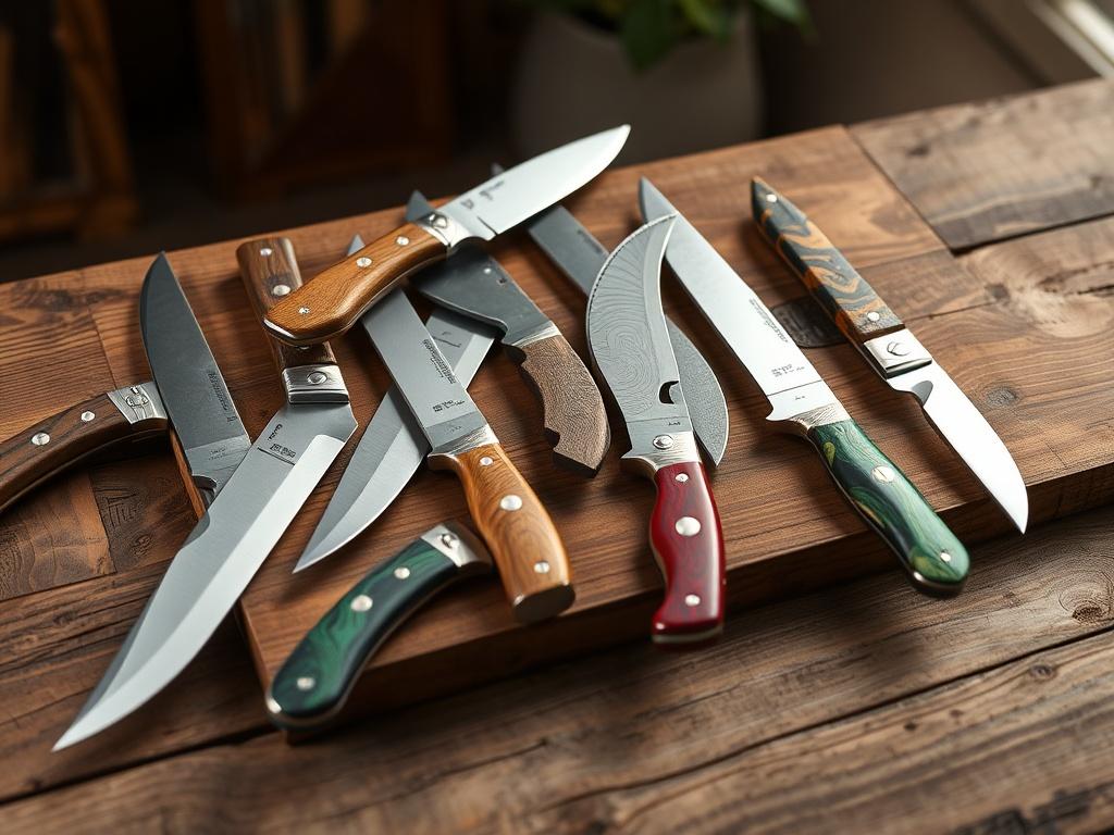 A stunning display of custom knives arranged beautifully on a wooden table. Each knife showcases unique designs, materials, and craftsmanship. Some knives have engraved handles, while others feature colorful, artistic patterns. The backdrop includes soft, natural lighting that enhances the gleaming metal and vibrant colors of the handles, creating an eye-catching and inviting presentation.