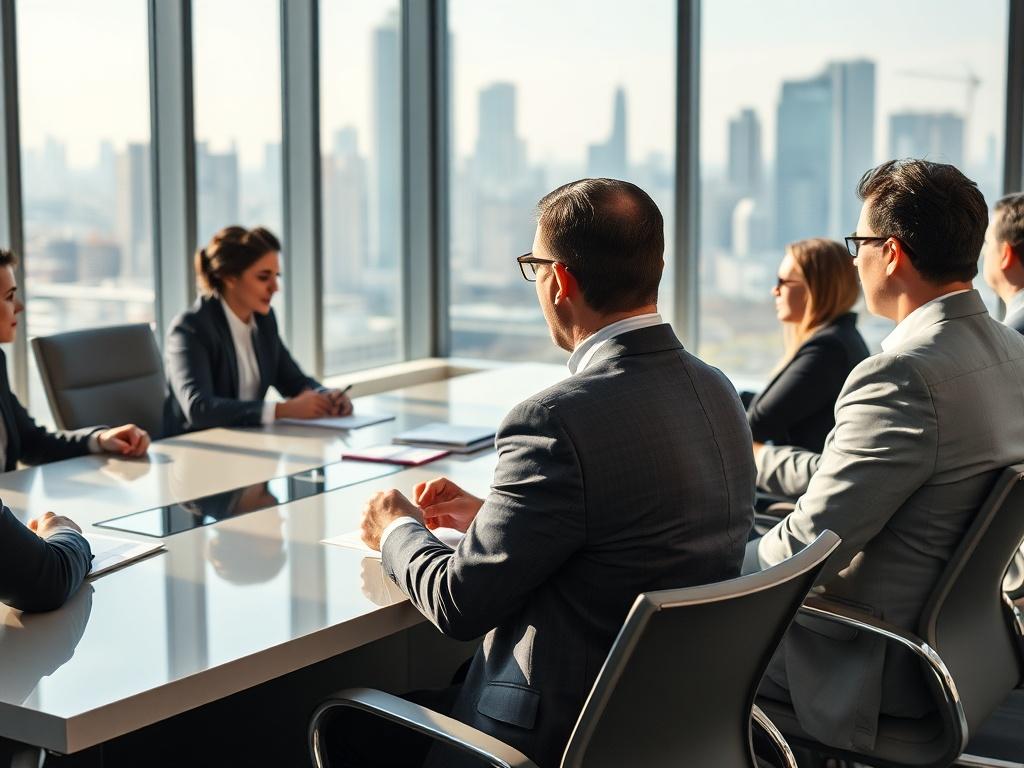 A hyper-realistic close-up shot of a modern executive board room filled with executives engaged in a discussion. The setting should feature a large, sleek conference table with high-backed chairs. There should be a large window in the background allowing natural light to flood in, showcasing a city skyline. The executives, representing diverse backgrounds, are in business attire, with some taking notes and others actively participating in the conversation. The overall atmosphere is professional and collabor