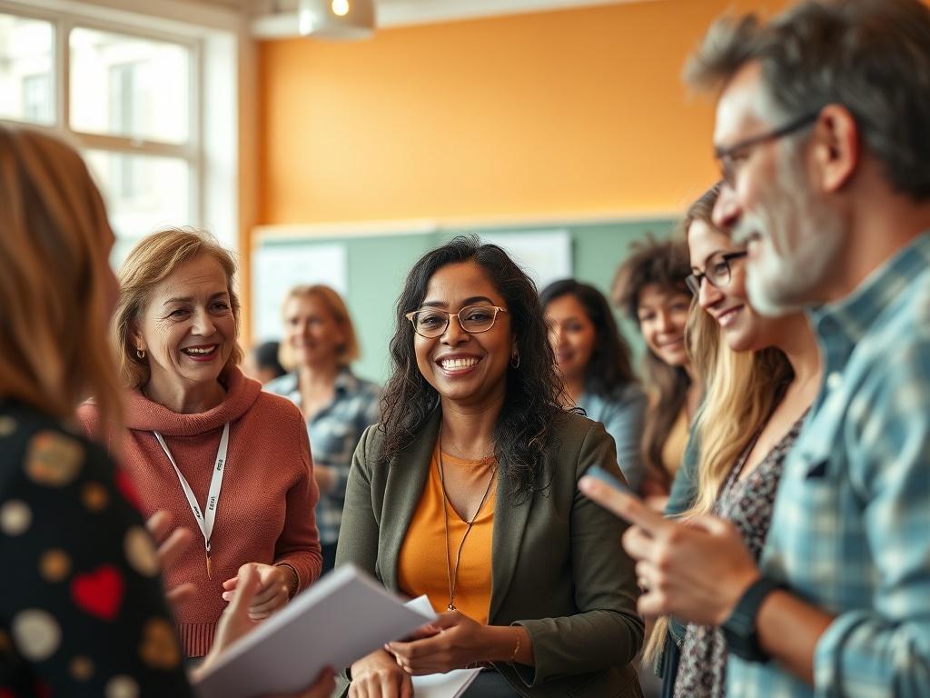A close-up shot of a diverse group of people engaged in a health programming workshop. The setting is vibrant and inviting, featuring educational materials and interactive discussions. The individuals are of various ages and backgrounds, expressing enthusiasm and engagement. The background is softly blurred, focusing on the participants and their interactions, with warm lighting that creates an uplifting atmosphere.