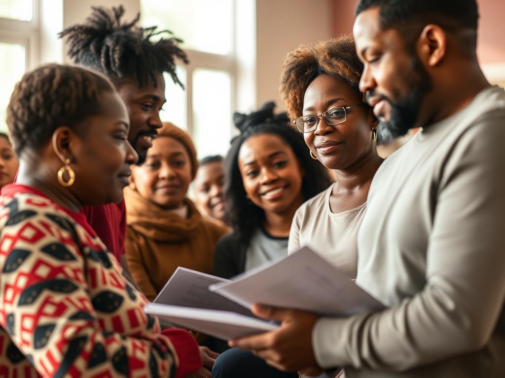 A close-up shot of a diverse group of individuals engaged in a health literacy workshop, showcasing various ages and ethnicities. The background is a bright, welcoming community center with natural light filtering in. The individuals are actively participating, with one person presenting materials and others listening attentively. The color scheme incorporates red, black, and off-white elements to reflect the brand colors of Dudley P.C. LLC.