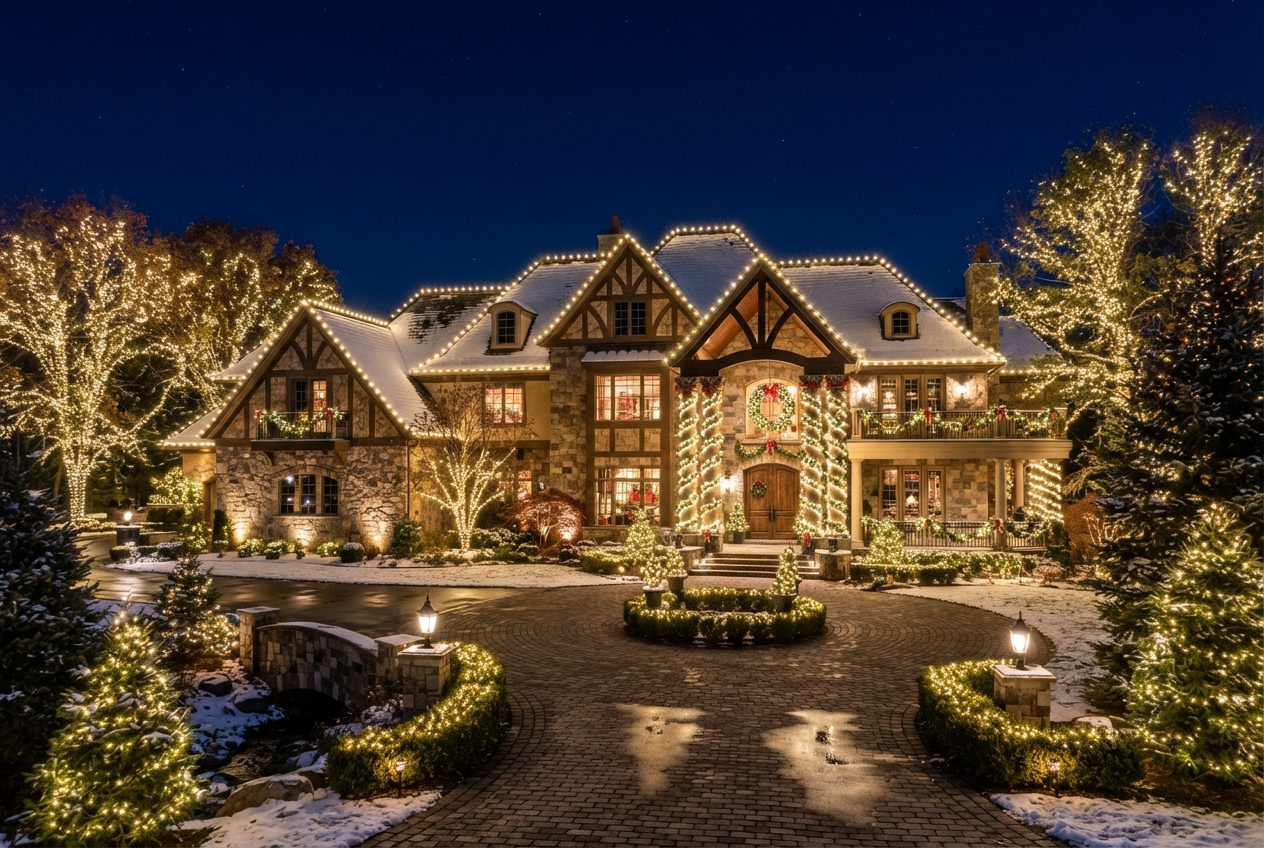 Luxury estate with professional Christmas light display
