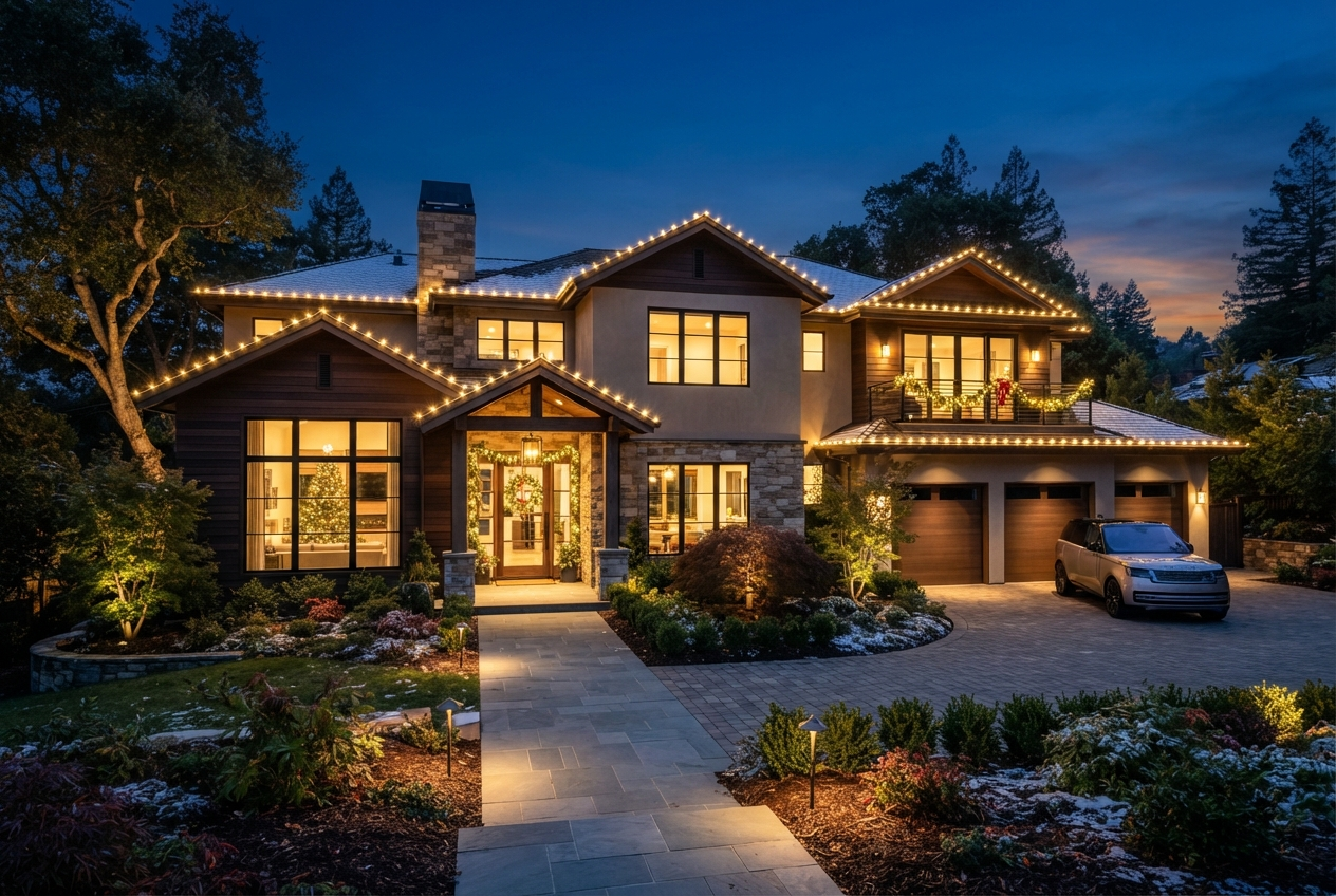 Upscale modern home with professional warm white C9 Christmas lights