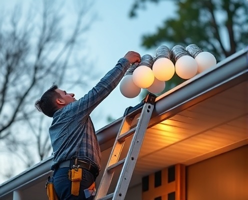 Professional technician installing large C9 bulbs on residential roof with safety equipment