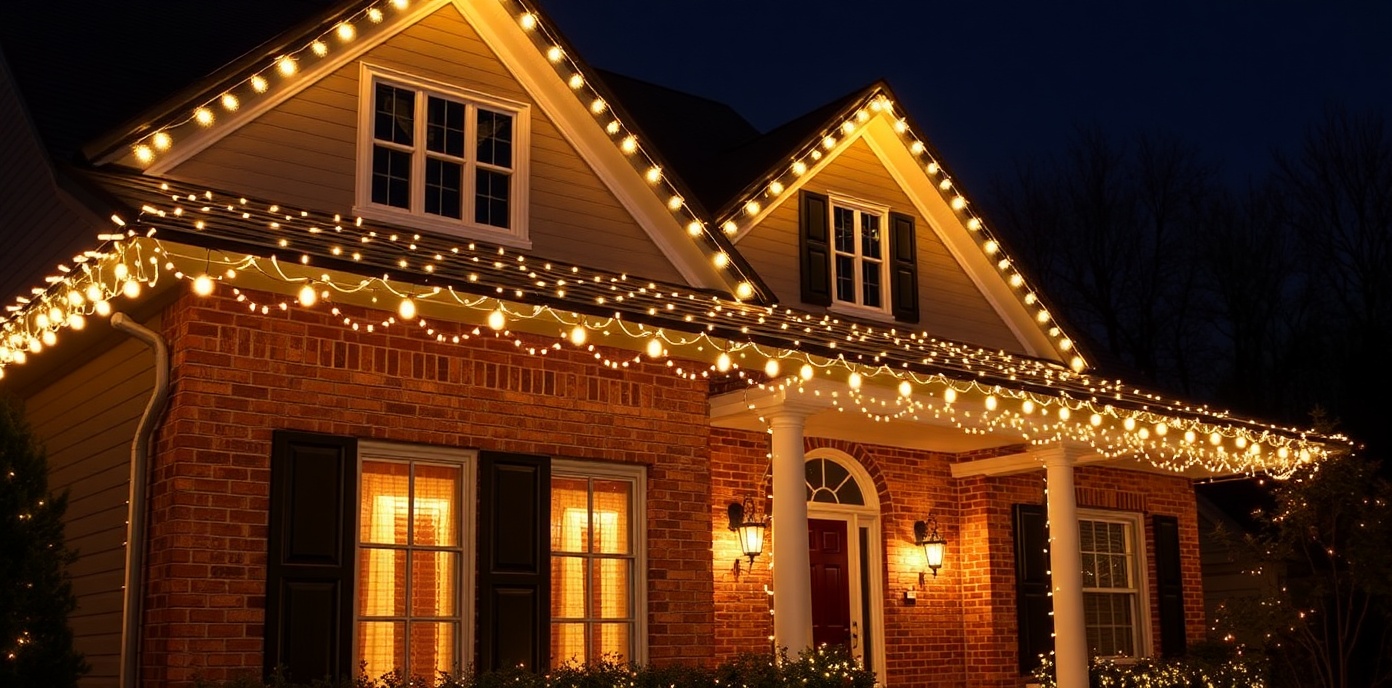 Beautiful Kansas City home with large bright C9 LED bulbs in warm white on roofline, professional installation