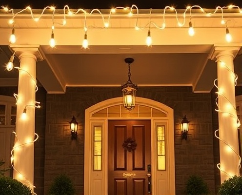 Beautiful Liberty home with C9 icicle lights in warm white, large bulbs hanging from eaves professionally installed