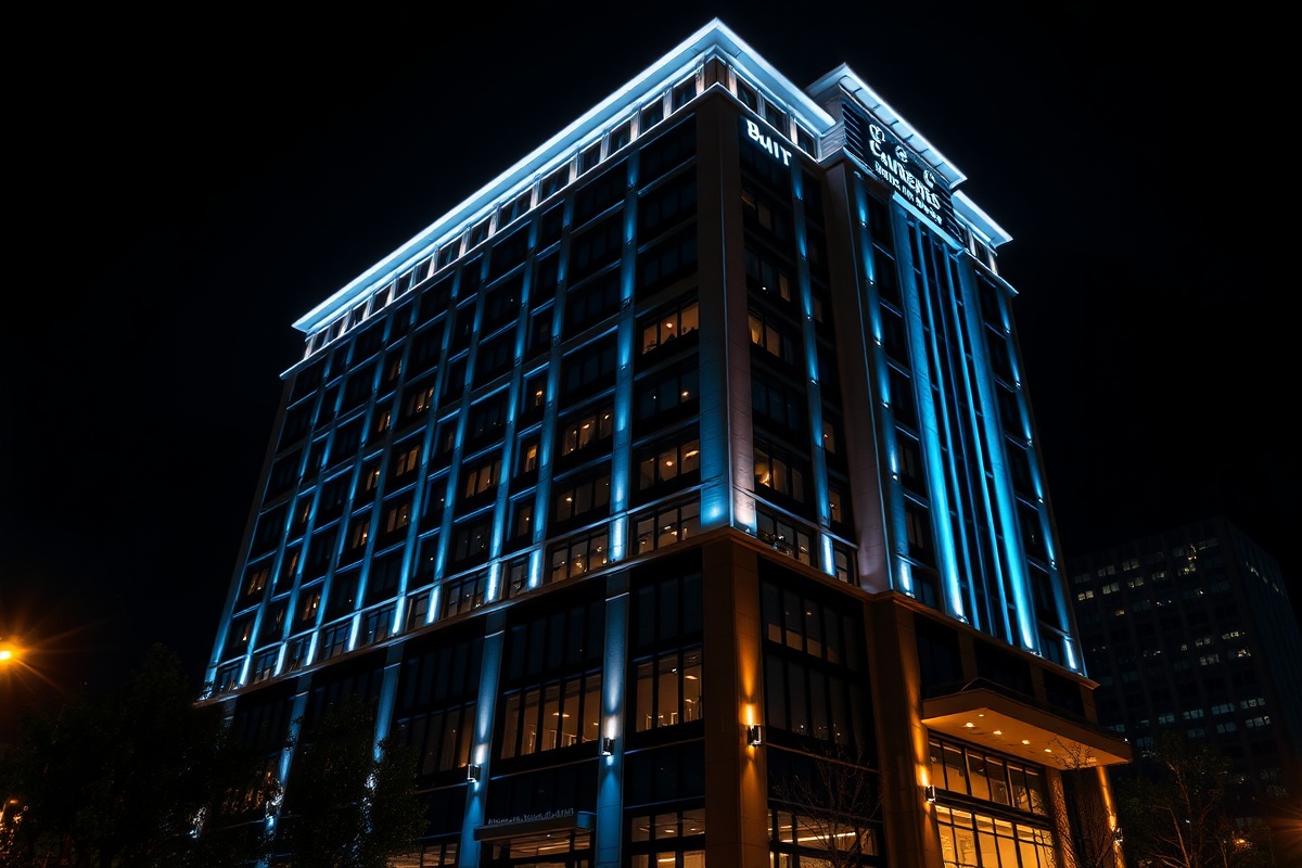 Commercial building with professional holiday lighting