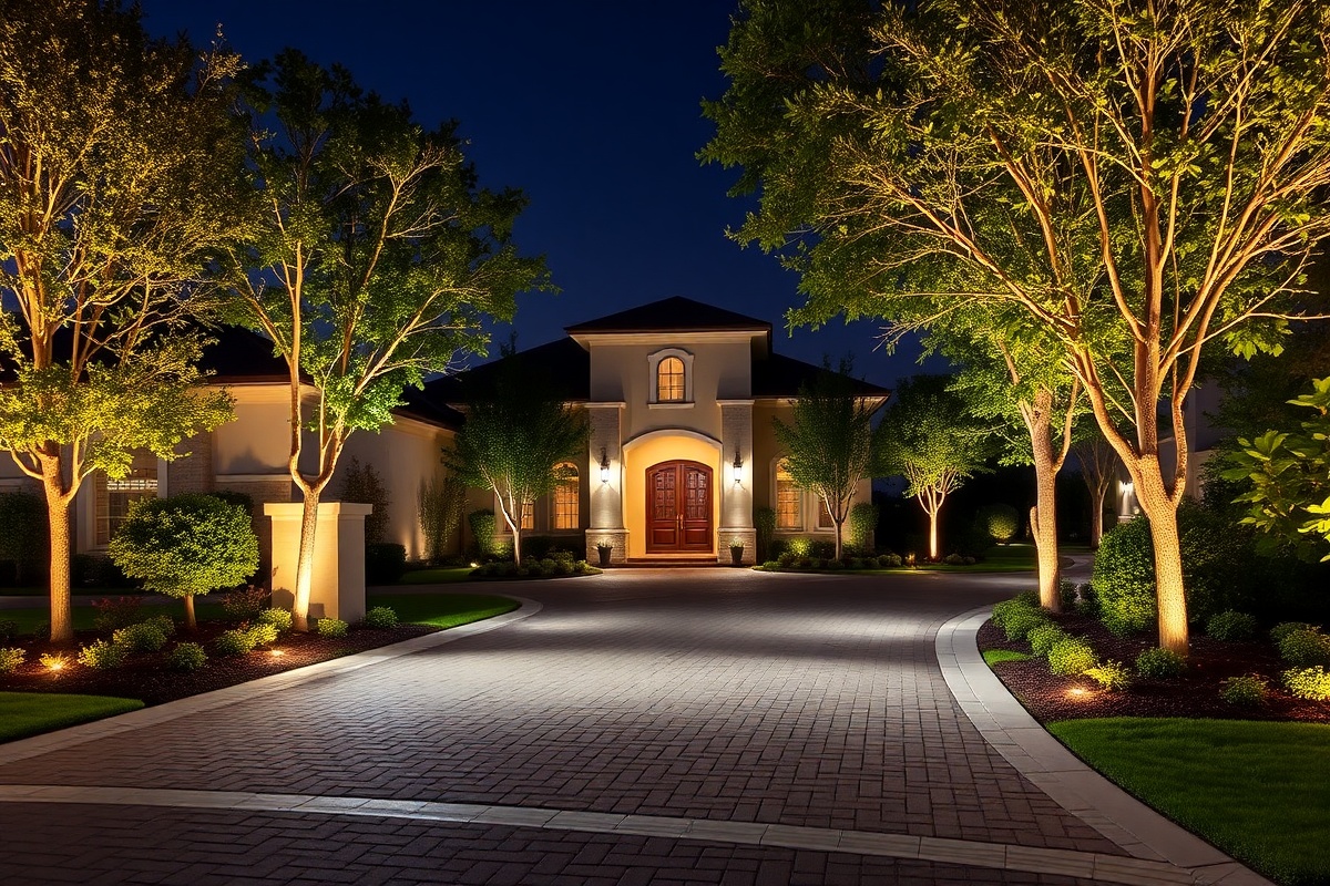Luxury neighborhood entrance with landscape lighting