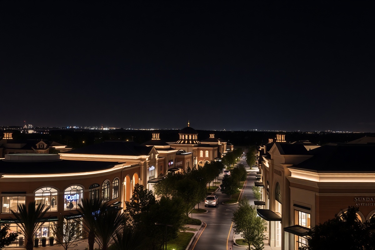 Shopping district with professional roofline lighting