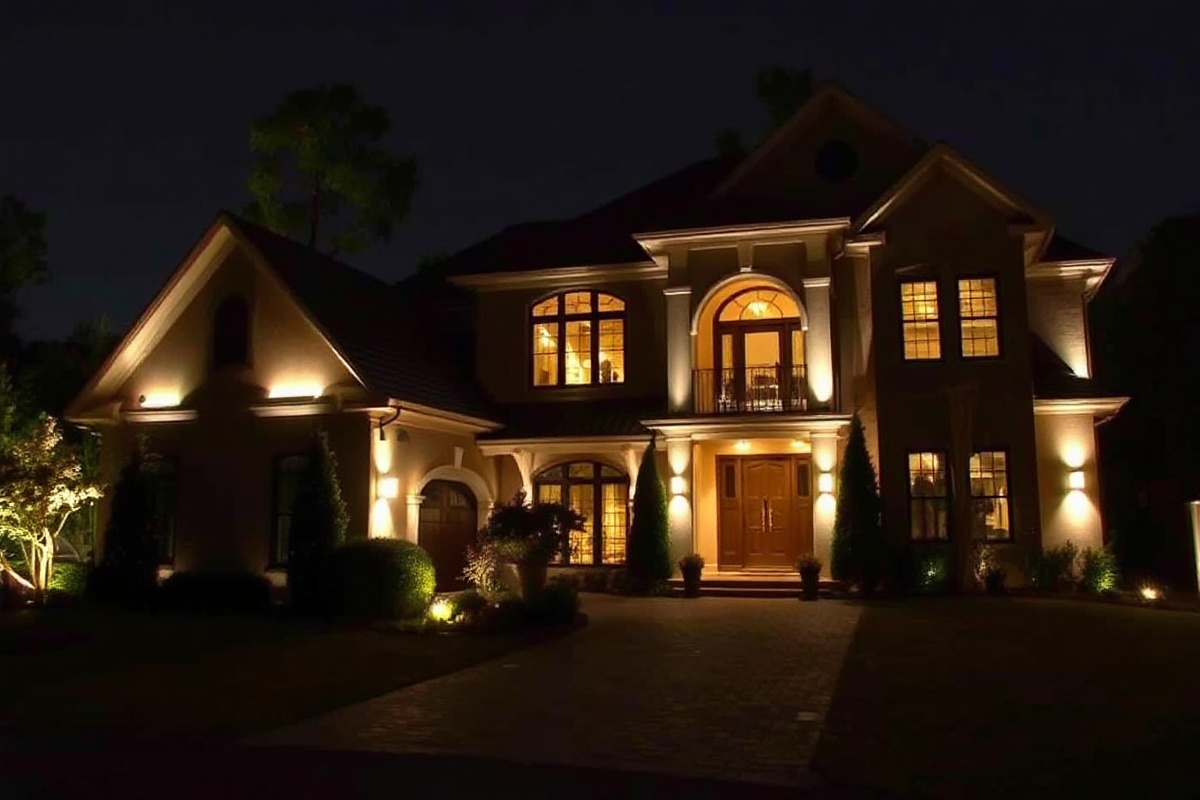 Luxury home with permanent roofline lighting