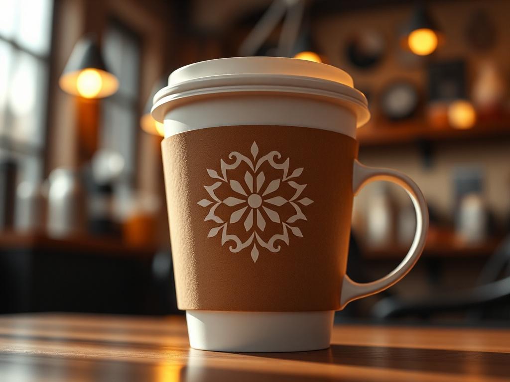 A close-up shot of a coffee cup featuring the new logo designed for the coffee shop, with warm, inviting colors and a blurred coffee shop background. The image should focus on the cup, showcasing the intricate logo detail, with soft lighting to enhance the warmth of the coffee, rendered in high-resolution.