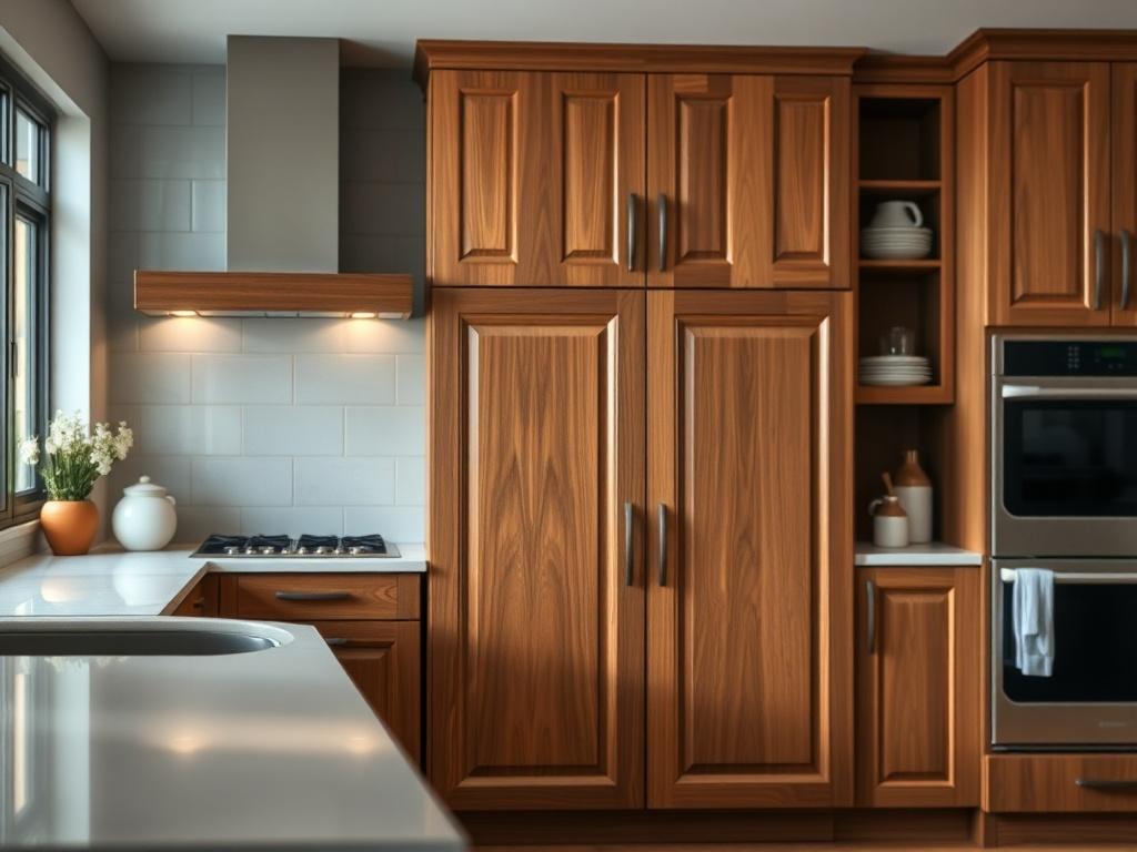 A beautifully crafted custom cabinetry piece in a modern kitchen setting, showcasing rich wood textures and elegant finishes. The focus is on a single cabinet with intricate detailing, surrounded by stylish kitchen elements like countertops and appliances. The background is softly blurred to emphasize the craftsmanship, with natural light highlighting the wood's warmth.