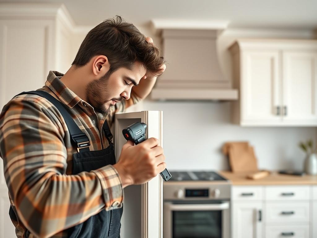 A professional installer carefully placing custom cabinetry in a stylish kitchen. The focus is on the installer adjusting the cabinet with tools in hand, showcasing the attention to detail and craftsmanship involved. The background features partially installed cabinetry and kitchen elements, emphasizing the transformation process.