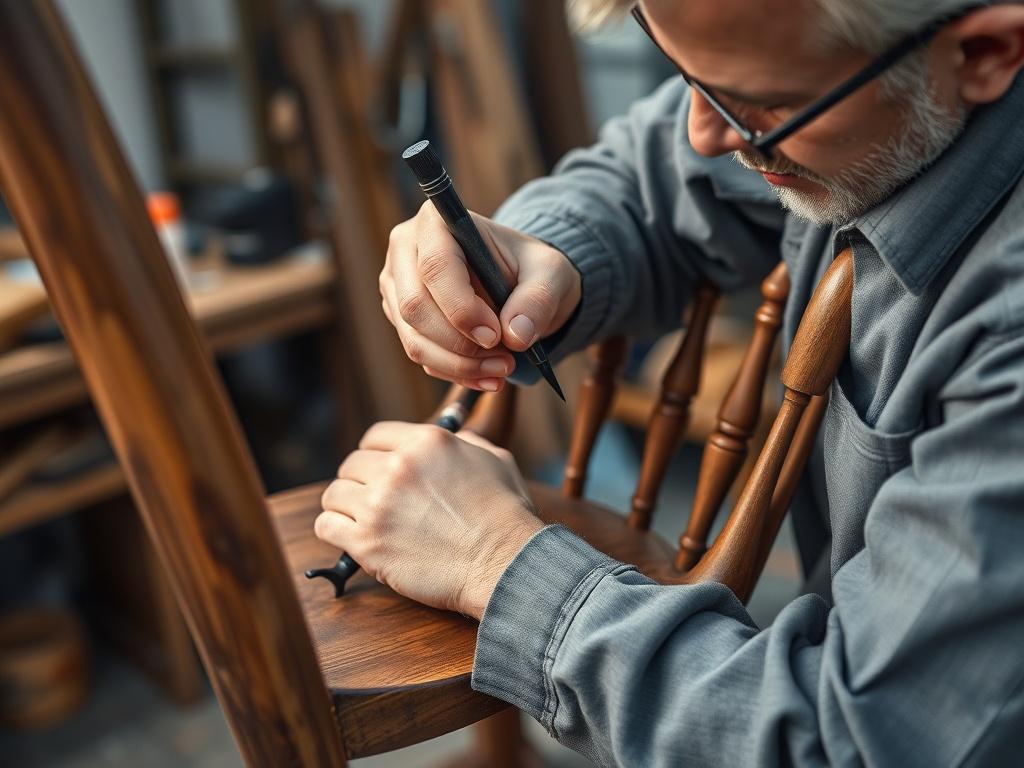A skilled artisan carefully restoring a vintage wooden chair, showcasing intricate detailing and craftsmanship. The focus is on the artisan's hands applying a new finish, with tools and materials artistically arranged around the workspace. The background hints at a workshop environment, emphasizing the restoration process.