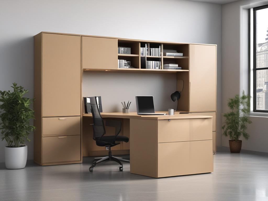 A close up shot of a modern custom office cabinet,