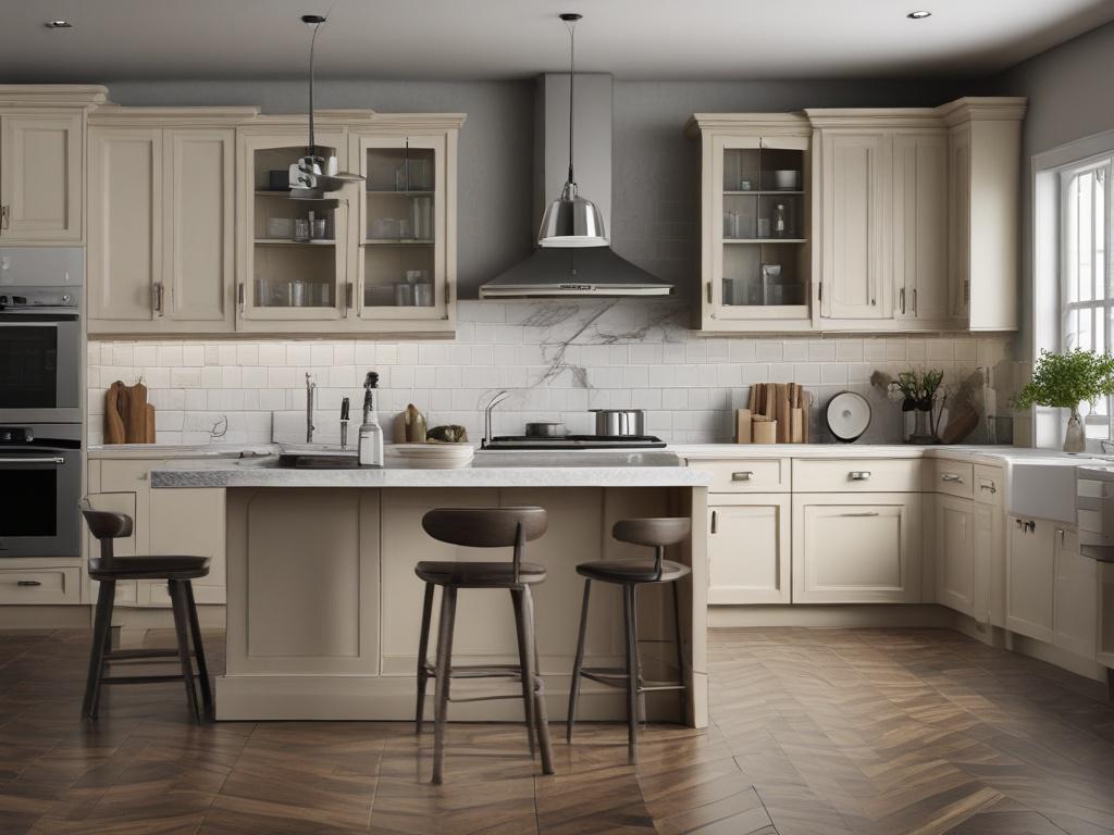 A detailed 3D rendering of a custom kitchen design displayed
