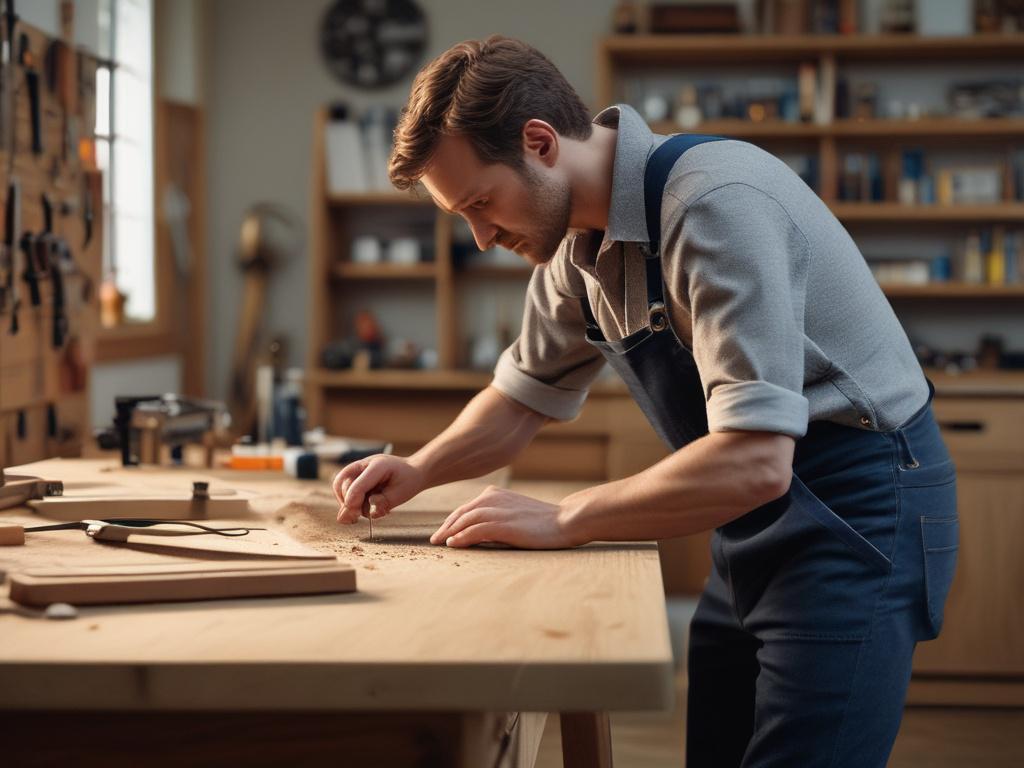 An artisan in a workshop carefully measuring and cutting wood