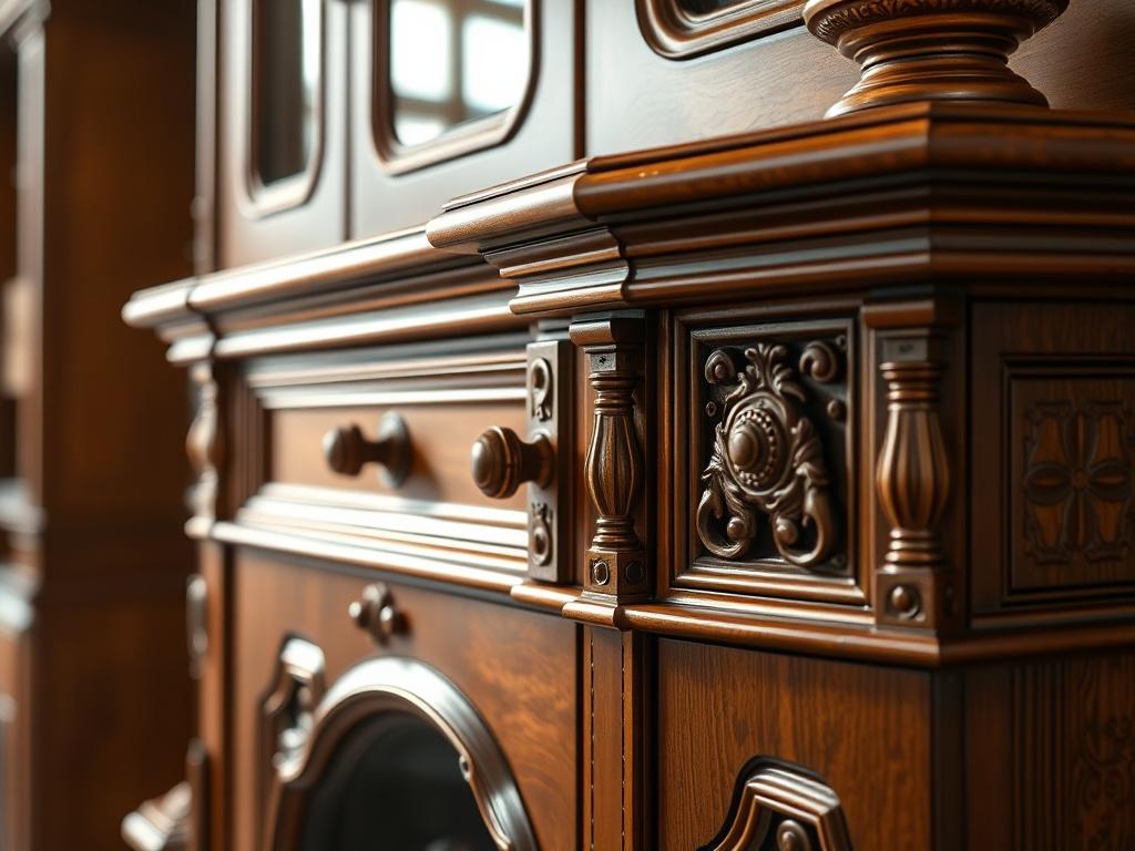 A hyper-realistic close-up shot of a beautifully crafted wooden cabinet with intricate detailing, showcasing polished finishes and unique textures. The background is softly blurred to emphasize the craftsmanship of the cabinet, with natural light highlighting its features. The primary color in the image is rgb(50, 170, 39), creating a vibrant, inviting atmosphere.
