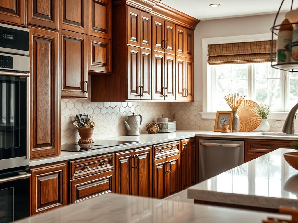 A close-up shot of a beautifully designed kitchen featuring custom cabinetry. The cabinets are made from high-quality wood with a rich finish, showcasing intricate detailing and a polished surface. The kitchen has modern appliances and a warm, inviting atmosphere. Soft natural light filters through a nearby window, highlighting the craftsmanship of the cabinetry. The background is filled with a tasteful arrangement of kitchen decor. The composition focuses solely on the cabinets, emphasizing their elegance 