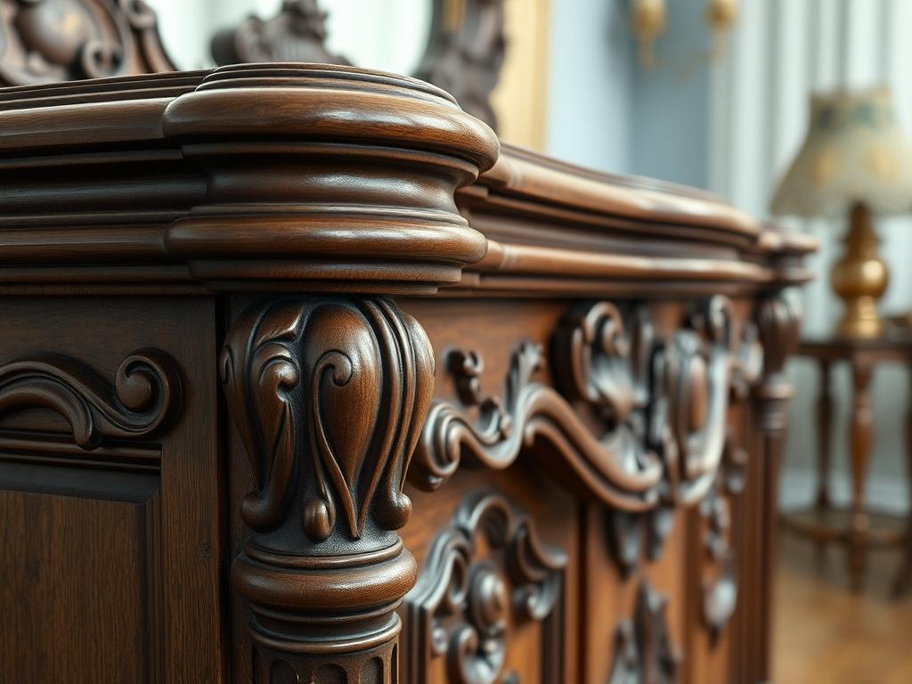An exquisite piece of restored antique furniture, featuring intricate carvings and a rich wood finish. The close-up shot captures the fine details of the craftsmanship, showcasing the transformation from the original, worn condition to its current beautiful state. The background is softly blurred, drawing attention to the furniture piece itself, which is displayed in an elegant setting. The composition highlights the quality of materials used and the skill involved in the restoration process, making it a ce