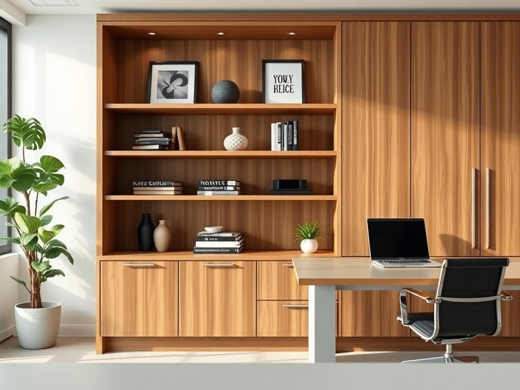 A close-up view of custom-built office cabinetry designed for both functionality and style. The cabinetry features a combination of open shelves and closed storage, crafted from premium wood with a sleek finish. Stylish decor items and books are arranged on the shelves, while the closed sections maintain a clean look. The office setting is bright and modern, with a hint of greenery in the background. The focus is entirely on the cabinetry, showcasing the attention to detail and craftsmanship that Swanson Cu