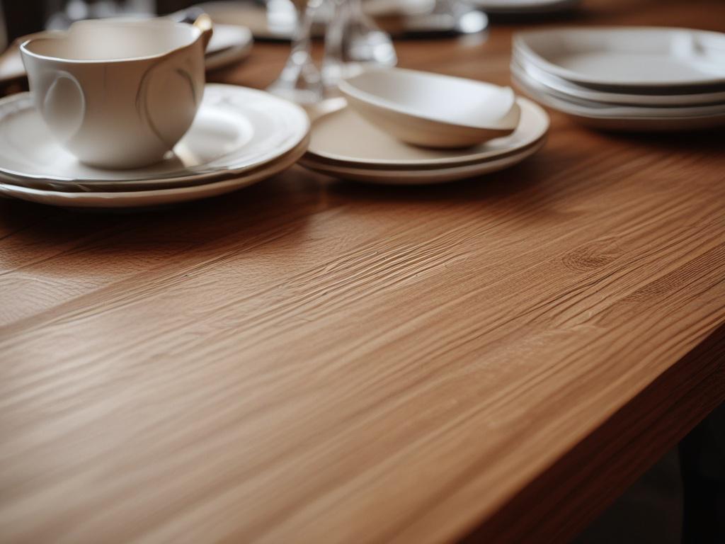 Create a hyper-realistic close-up image of a beautifully crafted wooden table, showcasing intricate details of the wood grain and finish. The table should be set in a well-lit, inviting dining room with soft focus on the background, emphasizing the texture and quality of the craftsmanship. The primary color of the image should incorporate rgb(50, 170, 39) subtly in the decor.