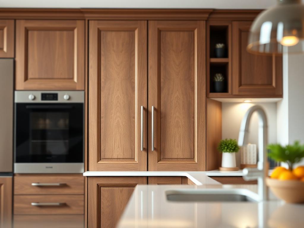 A beautifully designed custom cabinetry piece in a modern kitchen setting, showcasing intricate woodwork and effective use of space. The cabinetry should have a sleek finish with elegant handles, surrounded by subtle lighting to highlight the craftsmanship. The image focuses on the cabinetry with a soft blurred background, creating a warm and inviting atmosphere.