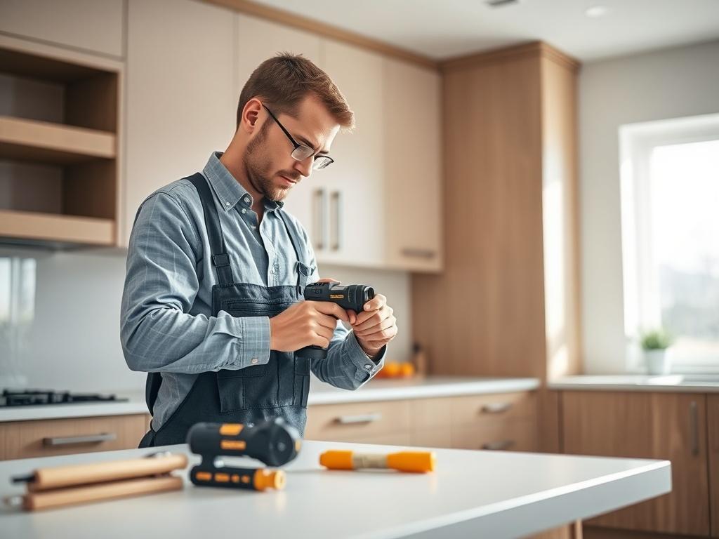 A skilled installer meticulously fitting a custom cabinetry piece in a modern kitchen. The scene captures the installer in action, using precise tools and techniques. Bright, natural light floods the space, emphasizing the quality of the cabinetry and the importance of expert installation. A few tools are visible, highlighting the craftsmanship involved.