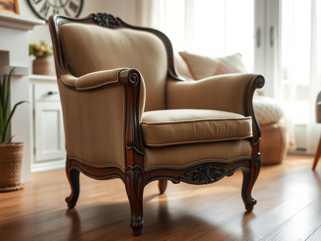 An image of a beautifully restored vintage chair, highlighting the rich wood grain and new upholstery. The chair should be placed in a cozy living room setting, surrounded by natural light. The focus is on the details of the craftsmanship, showcasing the before-and-after transformation of the piece.