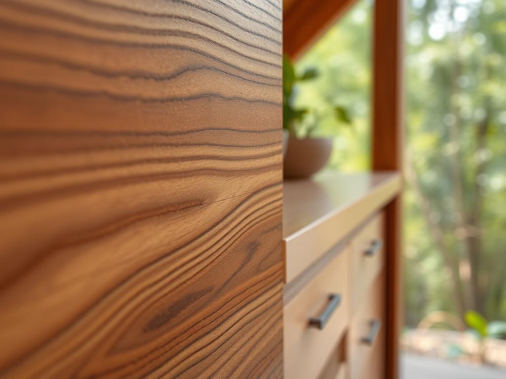 A hyper-realistic close-up shot of sustainably sourced wood being used for cabinetry, featuring rich textures and natural grains. The background is a serene, nature-inspired setting, showcasing the beauty and eco-friendly aspect of the materials.
