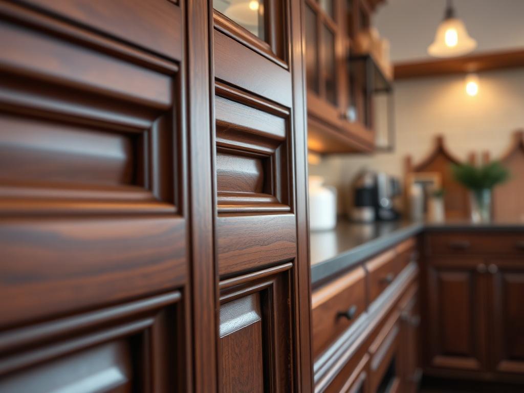 A hyper-realistic close-up shot of a beautifully crafted custom cabinet, showcasing intricate wood detailing and a polished finish. The background features a softly blurred kitchen setting with warm lighting, emphasizing the cabinet's craftsmanship and elegance. The image should capture the rich texture and color of the wood, highlighting the quality of the design.
