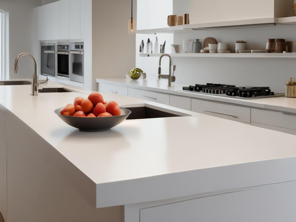 A hyper-realistic close-up shot of a beautifully crafted Corian countertop, showcasing its smooth surface and elegant design. The countertop should be highlighted in a well-lit kitchen setting, emphasizing the seamless edges and rich texture. The background should be softly blurred to draw attention to the countertop, with a touch of greenery or natural elements to complement the rgb(50, 170, 39) color theme.