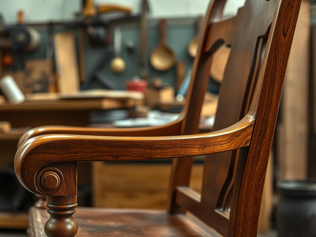 A close-up shot of a beautifully restored antique wooden chair, showcasing smooth finishes and rich grains. The background is a softly lit workshop, with tools and materials hinting at the craftsmanship involved in the restoration process.