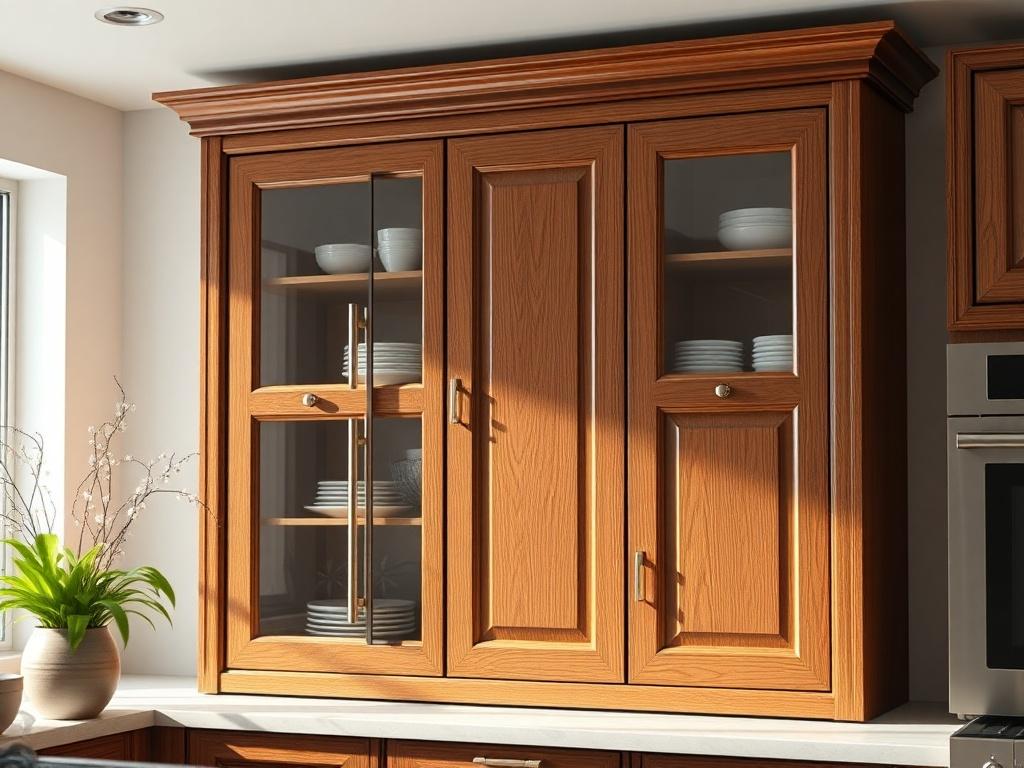 A beautifully crafted custom wooden cabinet displayed in a well-lit, modern kitchen. The cabinet showcases intricate details and elegant design, emphasizing functionality and aesthetic appeal. The background is softly blurred to highlight the cabinet as the main focus of the image.